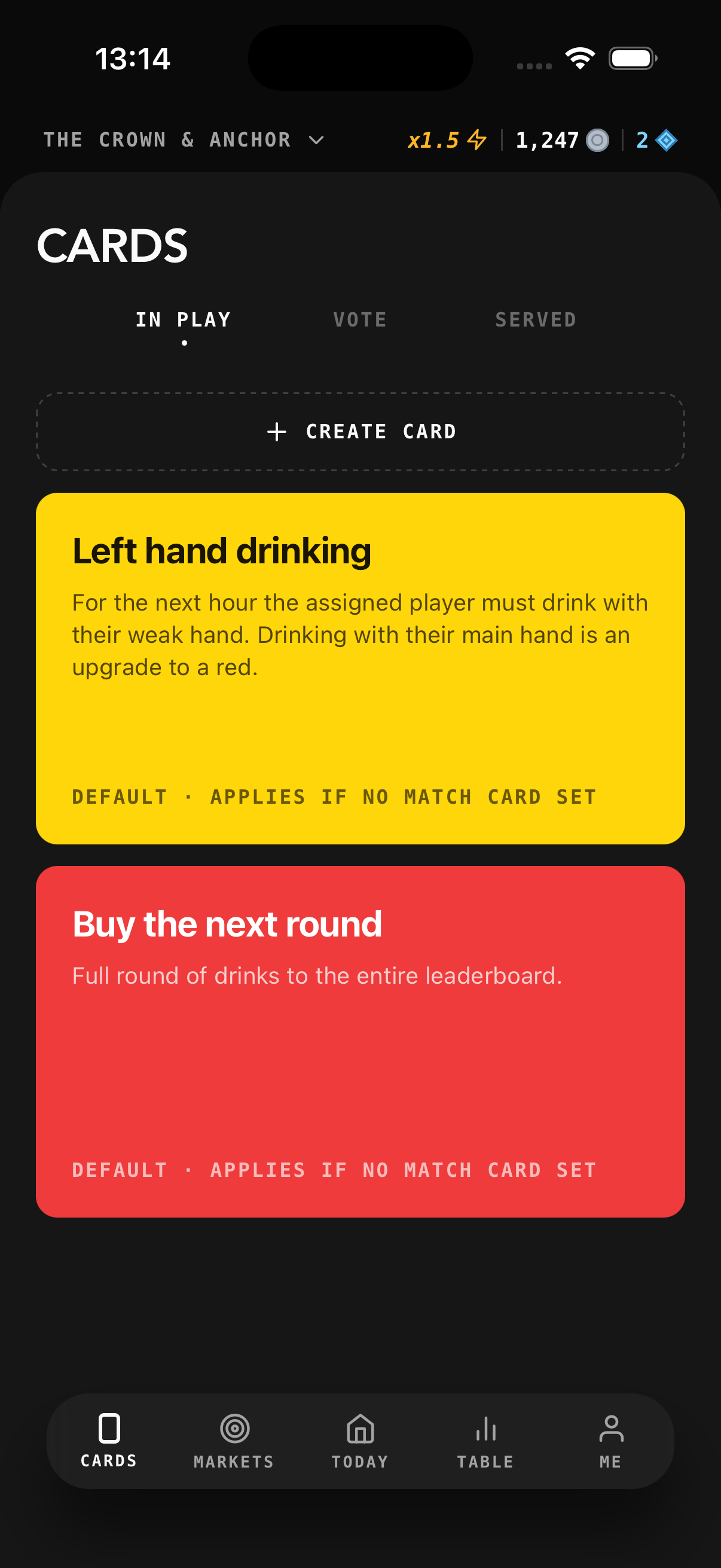 Cards screen