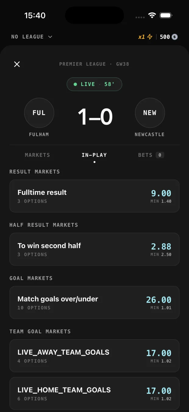 Markets screen showing live odds