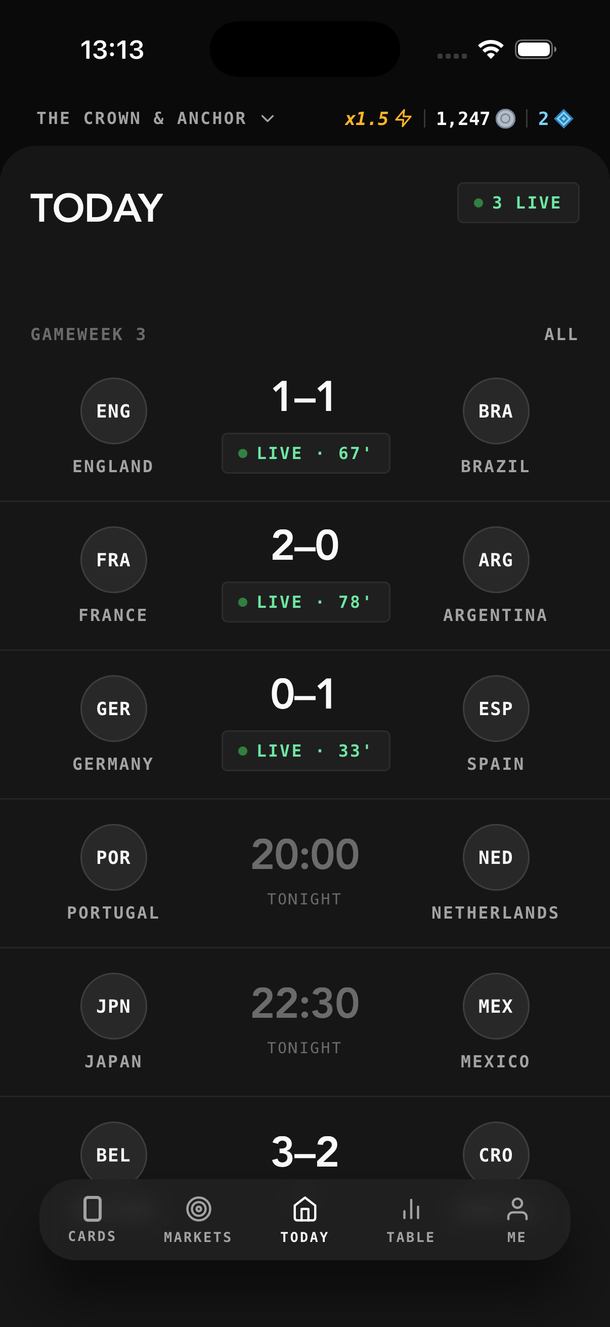 Today screen — live matches