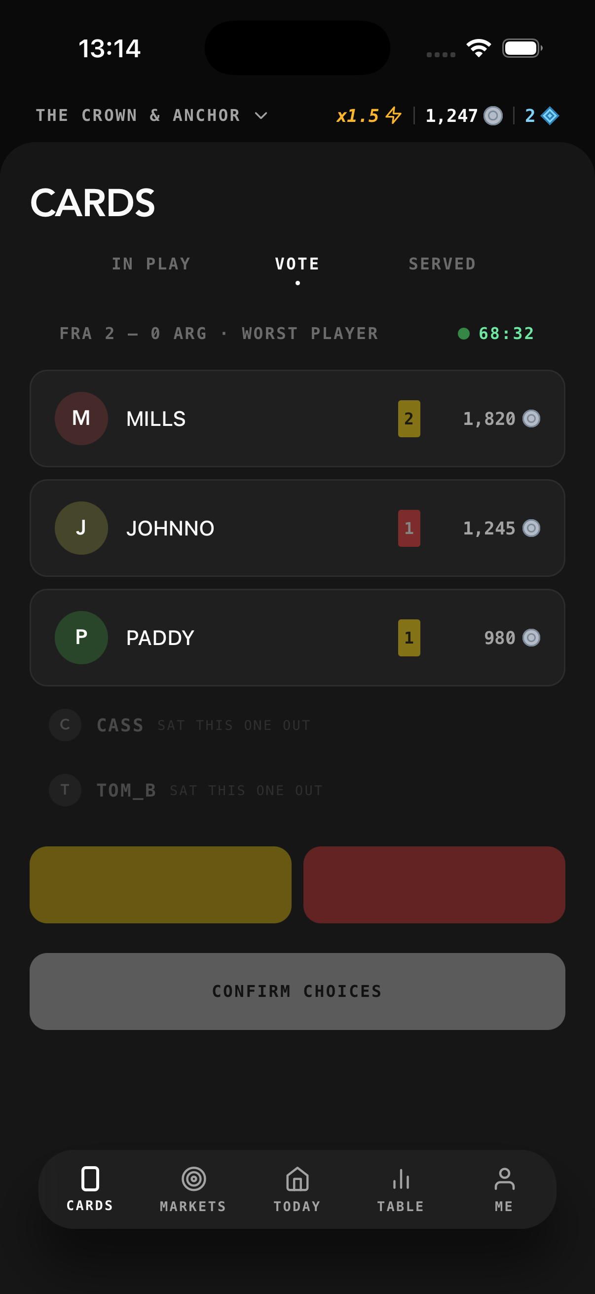 Cards voting screen